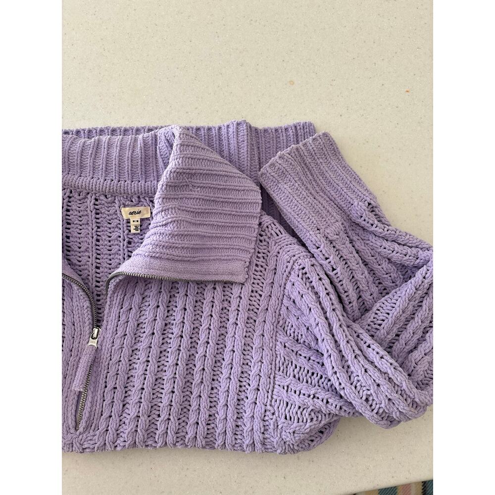 Aerie Lavender Cable Knit Quarter Zip Sweater Oversized Mock Neck Pullover - Picture 11 of 11